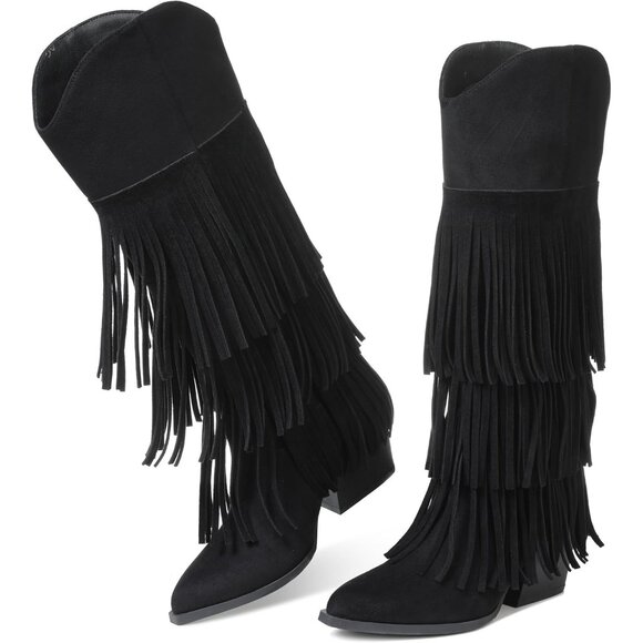 Shoes - Women's Black Retro Pointed Toe Knee High Pull On Block Chunky Heel Fringe Boots